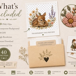Pu&ograve; includere: Una collezione digitale di 40 file PNG intitolata Woodland Cottage Embroidery Clipart, che presenta illustrazioni di un cerbiatto, composizioni floreali e un bambino, con un'anteprima di punti ricamati e una cartella marrone.
