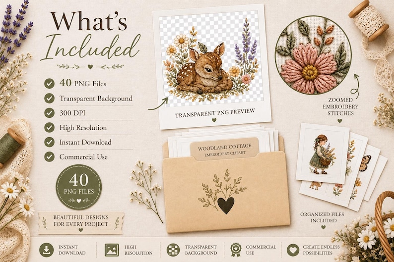Pu&ograve; includere: Una collezione digitale di 40 file PNG intitolata Woodland Cottage Embroidery Clipart, che presenta illustrazioni di un cerbiatto, composizioni floreali e un bambino, con un'anteprima di punti ricamati e una cartella marrone.