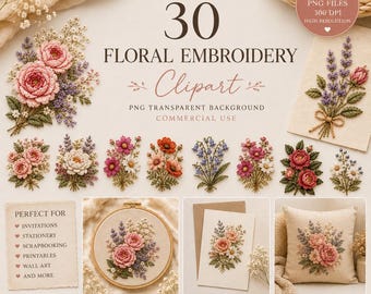 Pacchetto di clipart per ricamo floreale / Design PNG di fiori per sublimazione / Download digitale vintage boho per uso commerciale