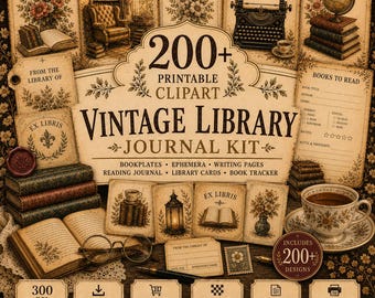 Kit di clipart/materiale effimero, cartoline e pagine per diario di biblioteca vintage (download digitale)