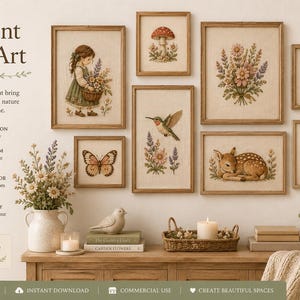 Pu&ograve; includere: Una collezione di otto stampe d'arte da parete incorniciate con illustrazioni di una ragazza con un cesto, un fungo, un bouquet di fiori, una casetta per uccelli, una farfalla, un colibr&igrave;, un cerbiatto e una libellula, esposte su una parete con testo.