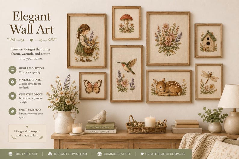 Pu&ograve; includere: Una collezione di otto stampe d'arte da parete incorniciate con illustrazioni di una ragazza con un cesto, un fungo, un bouquet di fiori, una casetta per uccelli, una farfalla, un colibr&igrave;, un cerbiatto e una libellula, esposte su una parete con testo.