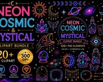Pacchetto di clipart mistiche cosmiche al neon / Oltre 120 elementi PNG (download digitale)