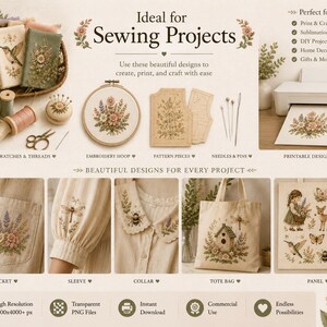 Pu&ograve; includere: Una collezione digitale di illustrazioni botaniche e naturali per cucito e artigianato. Include campioni di tessuto, telai da ricamo, cartamodelli, aghi, spilli e disegni stampabili con fiori, insetti e animali su borse e capi di abbigliamento.