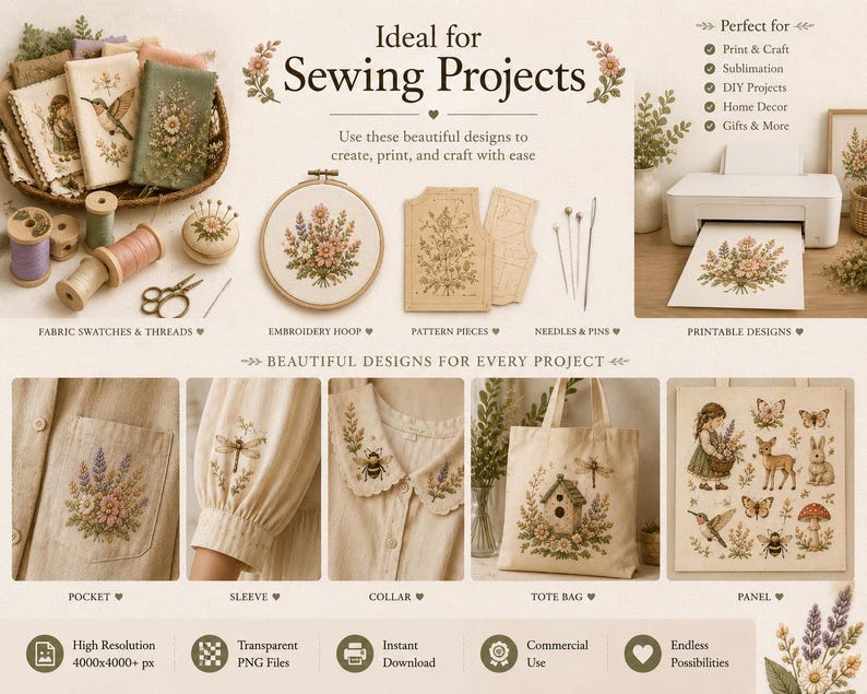 Pu&ograve; includere: Una collezione digitale di illustrazioni botaniche e naturali per cucito e artigianato. Include campioni di tessuto, telai da ricamo, cartamodelli, aghi, spilli e disegni stampabili con fiori, insetti e animali su borse e capi di abbigliamento.