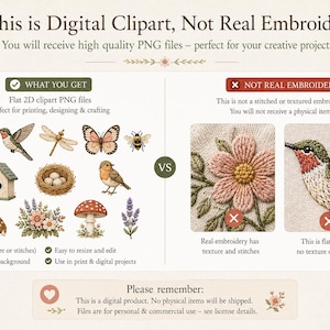 Pu&ograve; includere: Un set di clipart digitali con illustrazioni di una ragazza, colibr&igrave;, libellula, farfalla, ape, casetta per uccelli, nido, pettirosso, cerbiatto, fiori, fungo e lavanda. Il testo recita: This is Digital Clipart, Not Real Embroidery.