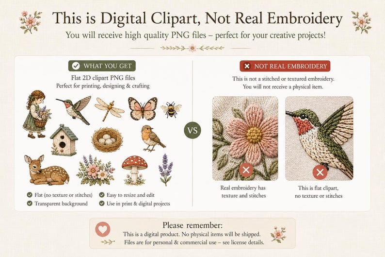 Pu&ograve; includere: Un set di clipart digitali con illustrazioni di una ragazza, colibr&igrave;, libellula, farfalla, ape, casetta per uccelli, nido, pettirosso, cerbiatto, fiori, fungo e lavanda. Il testo recita: This is Digital Clipart, Not Real Embroidery.