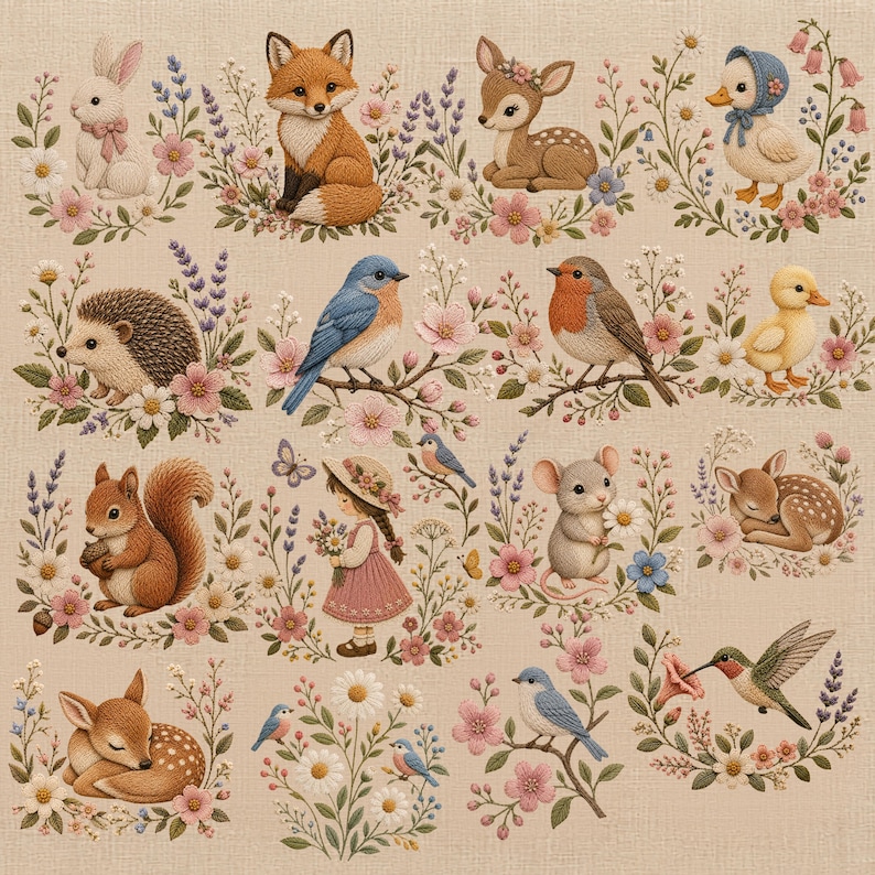 Pu&ograve; includere: Un pannello in tessuto con un motivo ripetuto di illustrazioni in stile ricamo che include un coniglio, volpe, cerbiatto, anatroccolo, riccio, uccellino azzurro, pettirosso, scoiattolo, un bambino con vestito, topo e colibr&igrave;.