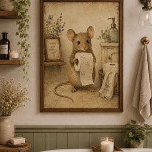 May include: A framed wall art print featuring a brown mouse standing in a bathroom holding a roll of toilet paper. The illustration includes a small sign that reads Wash your WORRIES AWAY with a heart symbol, set against a muted beige background.