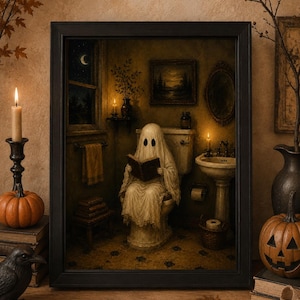 May include: A framed wall art print depicting a ghost draped in a white sheet sitting on a toilet in a dimly lit bathroom, reading a book. The scene includes a sink, a window with a crescent moon, candles, and dark, moody, vintage-inspired decor.