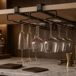 Puede incluir: Un bar con copas de vino colgadas de un estante de metal negro debajo de una estantería de madera. Una coctelera dorada, jiggers y posavasos están sobre la encimera de mármol. Se ven botellas de licor en el fondo.