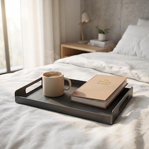 Bandeja moderna de aço industrial, organizador de mesa minimalista, porta-objetos cinza escuro (280 x 180 mm)