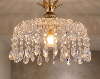Crystal Flush Mount Ceiling Light, Modern Glam Chandelier, Small Crystal Chandelier for Hallway or Bedroom, Luxury Statement Light