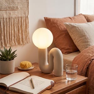 Peut inclure: Une lampe de table moderne en céramique blanc cassé avec une lumière sphérique. La lampe a un design sculptural incurvé. Elle est posée sur une table de chevet en bois, avec une plante succulente, un carnet et un verre d'eau.