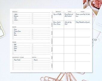 Meal Planner Digital A5 Printable Weekly Meal Grocery List Shopping List Menu Agenda Inserts Tracker Food