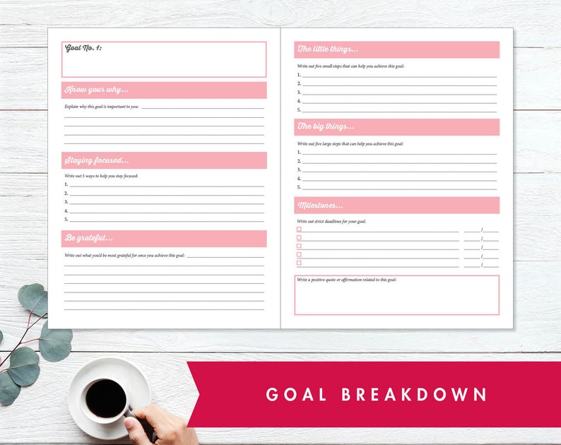 May include: A pink and white goal setting journal with the text "Goal No. 1" and "Goal Breakdown". The journal has sections for writing down goals, milestones, and affirmations.