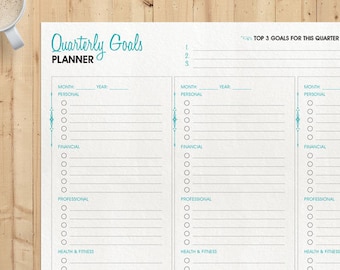 May include: A printable quarterly goals planner with sections for personal, financial, professional, and health & fitness goals. The planner includes space to list three top goals for the quarter.