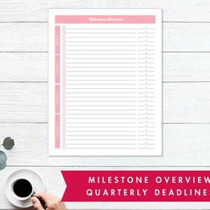 May include: A printable milestone overview planner with a pink header and black lines. The text "Milestone Overview" is at the top of the page. The text "Quarterly Deadlines" is at the bottom of the page.