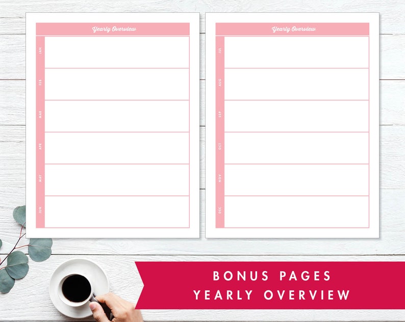 May include: Two blank printable pages with the text "Yearly Overview" at the top of each page. The pages are designed for planning and organizing a year's worth of goals, events, and activities.