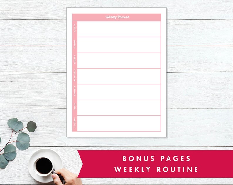 May include: A printable weekly routine planner with a pink header and a white background. The planner has seven columns for each day of the week and eight rows for different activities or tasks. The text "Weekly Routine" is printed in the header.