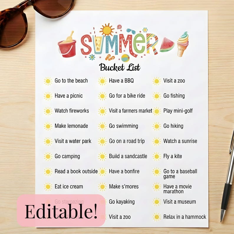 Summer Bucket List Printable Activity Checklist Kid Vacation Tracker ...