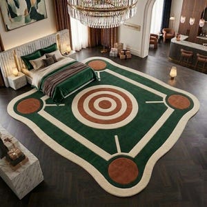 Luxury Geometric Area Rug, Modern Abstract Green & Terracotta Carpet, Custom Shape Living Room Rug, Statement Floor Decor, Contemporary Home