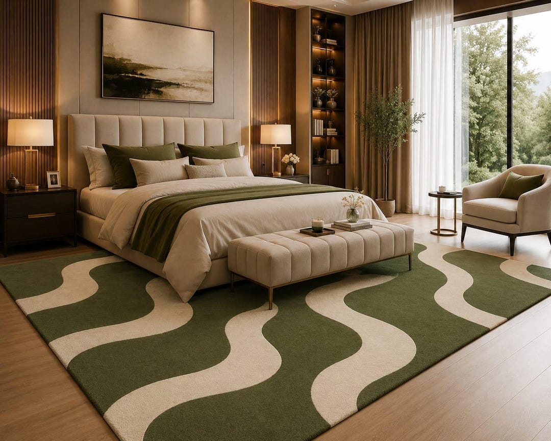 Olive Green Abstract Rug, Hand Tufted Wool Area Rug, Modern Wavy ...