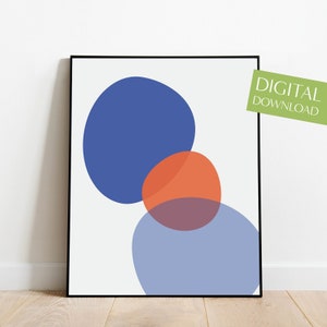 Blue Abstract Prints, PRINTABLE Blue Abstract Wall Art, Digital Download, Abstract Art, Blue Wall Decor, Mid Century Modern, Blue and Orange