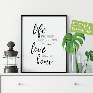 Das Leben bringt dich an unerwartete Orte, Liebe bringt dich nach Hause, DRUCKBARE Reise Poster, Liebe Wandkunst, Inspirierende Zitate, Liebe Poster
