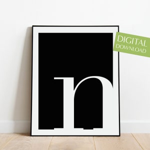 Buchstabe N Poster, DRUCKBARER Buchstabe N Druck, digitaler Download, Initialen Druck, Buchstaben Wandkunst, schwarz und weiß, Kleinbuchstabe N