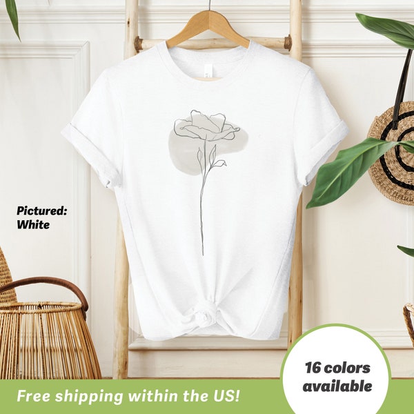 Boho Poppy T-Shirt, Floral Drawing Tee, Feminine Flower Shirt for Her, Delicate Flower Gifts for Women, Flower and Stem T-shirt