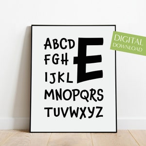 Buchstabe E Baby Namen Poster, DRUCKBAR Schwarz-Weiß-Alphabet für Kinderzimmer, ABC Kunst für Baby oder Kleinkind Zimmer, Gender Neutral Kinderzimmer Dekor