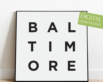 Affiche de Baltimore, impression de Baltimore Maryland, impression numérique de Baltimore, téléchargement de la ville, art mural ville minimaliste, ville de voyage