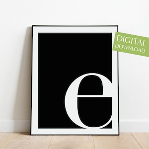 Cartel de la letra E, impresión IMPRIMIBLE de la letra E, descarga digital, impresión de iniciales, arte de la pared de letras, blanco y negro, E minúscula