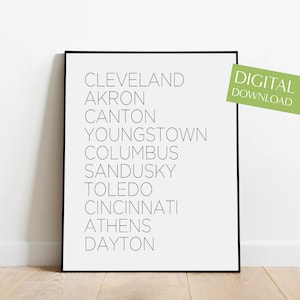 Ohio Poster, Ohio Cities Printable, Digital Download, Cleveland, Columbus, Akron, Cincinnati, Dayton, Canton, Toledo