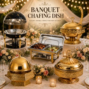 May include: A selection of gold and black banquet chafing dishes, including a stainless steel buffet server with food. The image features a variety of serving dishes with ornate designs, suitable for catering and special events. The text reads "BANQUET CHAFING DISH".