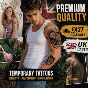 Könnte beinhalten: Werbebild für temporäre Tattoos mit realistischen Designs. Das Bild zeigt verschiedene Tattoo-Motive, darunter einen Löwen und einen Wolf. Der Text lautet "TEMPORARY TATTOOS" und "REALISTIC - WATERPROOF - LONG LASTING".