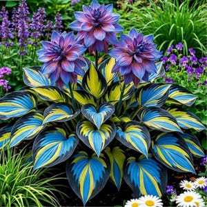 Peut inclure: Une scène de jardin vibrante avec trois grandes fleurs à plusieurs pétales dans des tons de violet et de rose. La plante a des feuilles saisissantes avec des rayures bleues, jaunes et vertes. D'autres fleurs et de la verdure sont en arrière-plan.
