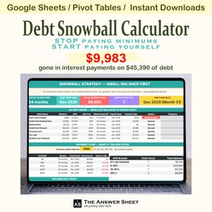 May include: A laptop screen displays a debt snowball calculator with the text "Debt Snowball Calculator." The screen shows debt payoff details, including interest paid and debt-free dates. The calculator is designed to help users manage and reduce debt.