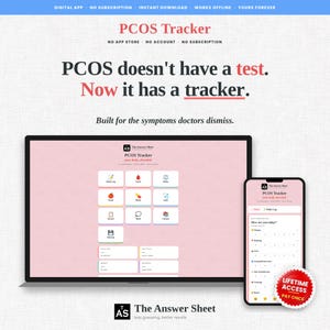 Könnte beinhalten: Digitale Werbung für einen PCOS-Tracker, angezeigt auf einem Laptop und Smartphone. Die rosa Oberfläche zeigt Symbole für tägliche Protokolle, Zyklusverfolgung und Körperüberwachung. Der Text enthält "PCOS Tracker" und "Lifetime Access".