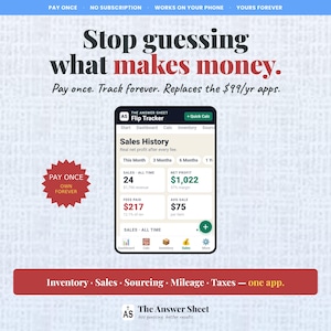 May include: A promotional image for "The Answer Sheet" app, displaying sales history data on a phone screen. The text reads "Stop guessing what makes money." and "Pay once. Track forever." A red badge says "Pay once, own forever."