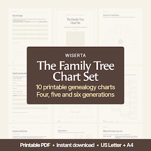 May include: A collection of 10 printable genealogy charts titled The Family Tree Chart Set by WISERTA. The set includes record pages, family group sheets, and fan charts for four, five, and six generations in a PDF format for US Letter and A4 paper.