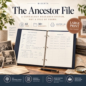 May include: A dark blue three-ring binder titled The Ancestor File, a genealogy research system. The open binder displays a Family Group Record and Research Log with printed text. It includes 61 pages, 30+ worksheets, and US Letter and A4 sizes.