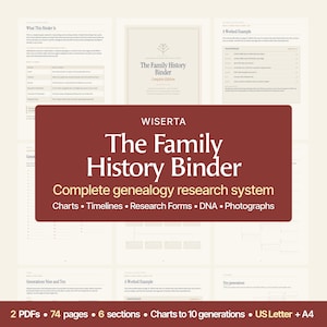 Puede incluir: Un sistema de investigación genealógica digital titulado The Family History Binder de Wiserta. El documento incluye gráficos, cronologías, formularios de investigación, seguimiento de ADN y registros fotográficos. 74 páginas en 6 secciones, formatos A4 y US Letter.