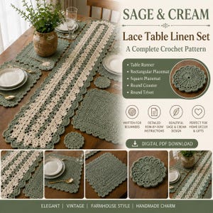 May include: A digital PDF crochet pattern for a table linen set titled Sage & Cream. The set includes a long rectangular table runner, square placemats, round coasters, and round trivets in sage green and cream yarn with scalloped edges.
