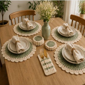 Puede incluir: Una mesa de comedor de madera con cuatro servicios, cada uno con un mantel individual redondo de ganchillo en verde salvia y crema, un plato de cerámica blanca, una servilleta crema con anillo de madera, posavasos y un portacubiertos a juego.