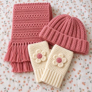Crochet Winter Set Pattern PDF, Scarf Beanie Fingerless Mittens, Floral Gloves, Beginner Crochet Tutorial