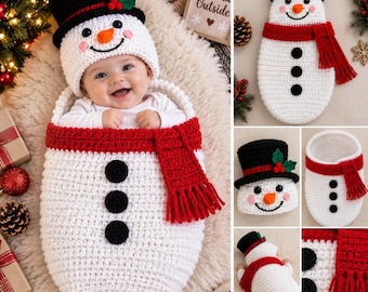 May include: A white crochet baby cocoon shaped like a snowman, featuring a black top hat with green holly and red berries, a red scarf with fringe, and three black circular buttons. The set includes a matching snowman hat with a carrot nose.