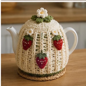 May include: A cream-colored, crocheted teapot cozy adorned with three red strawberries and small white flowers. The cozy is designed to fit a white teapot, and is sitting on a woven coaster. The cozy is topped with a large flower.