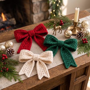May include: Three crocheted bows in red, dark green, and cream colors. Each bow features a central knot and two hanging tails with a textured, yarn-based construction. The bows are arranged together, showcasing their distinct solid colors and uniform stitch pattern.